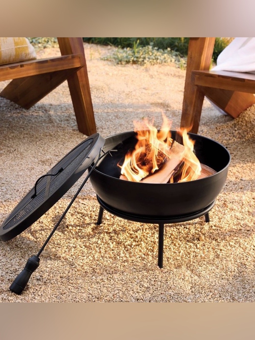 Round Outdoor Wood Burning Fire Pit w/ Spark Screen Lid Poker Backyard Patio NEW